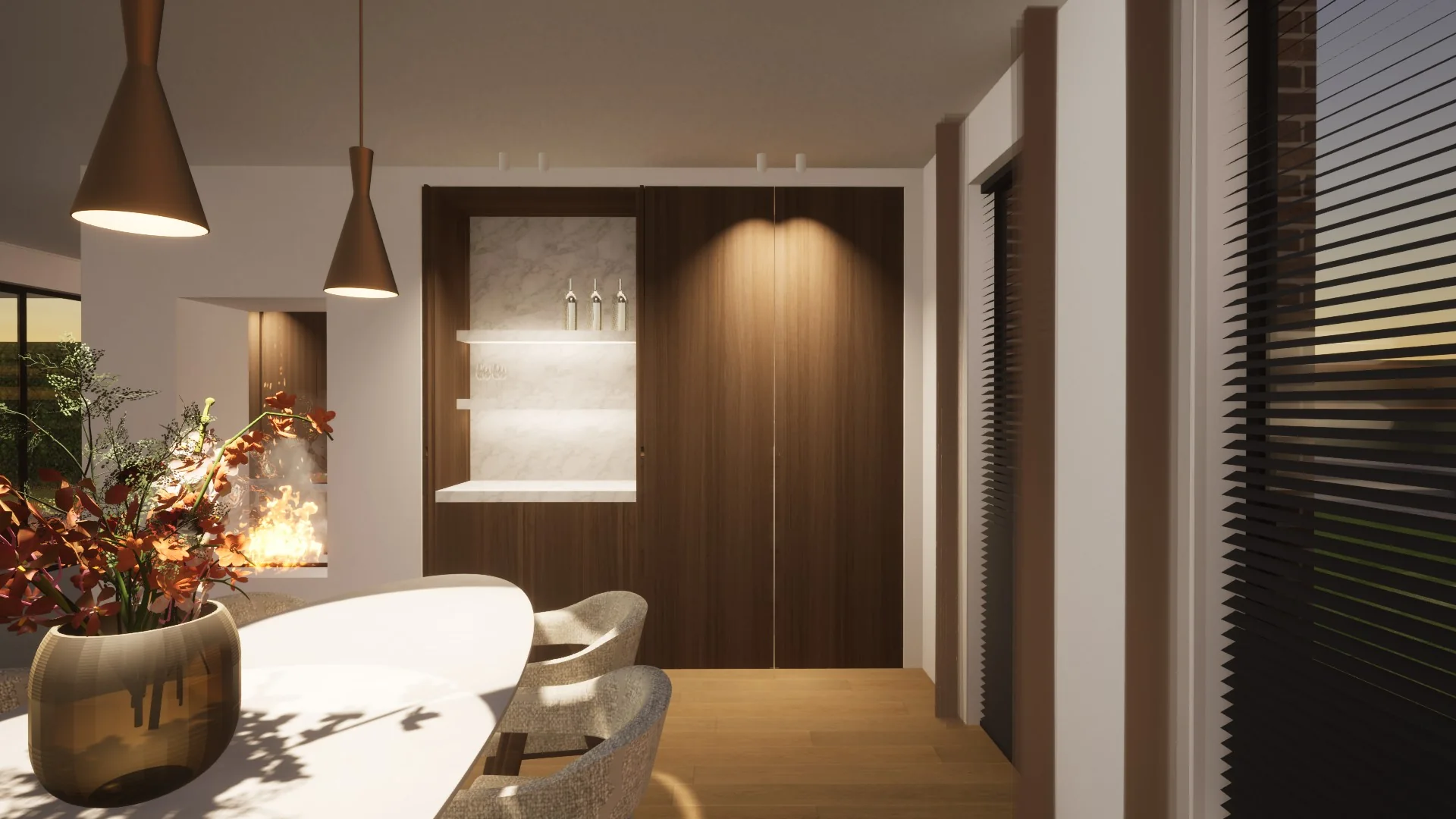 Eethoek met ingebouwde bar en sfeerhaard