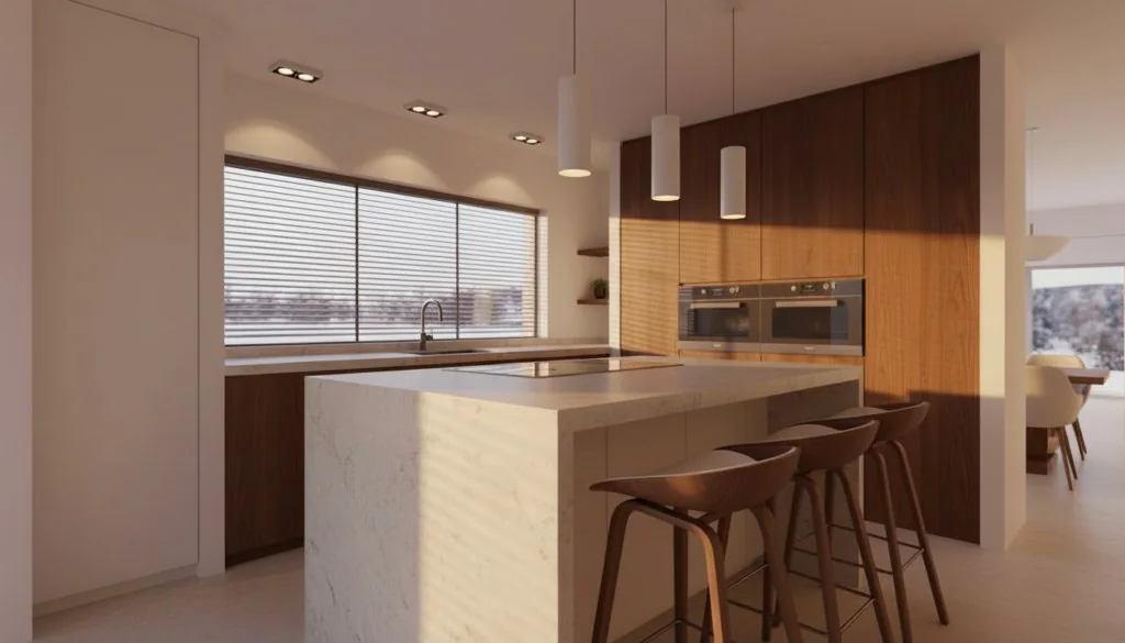 Keuken met marmeren eiland en houten kasten