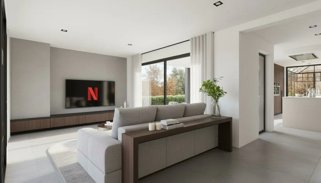 Eetkamer met ronde tafel en glazen scheidingswand